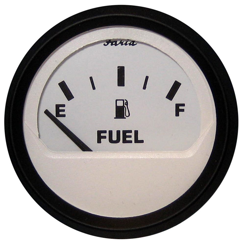 Faria Euro White 2-inch fuel level gauge by Faria Beede Instruments showing fuel level indicator and white dial.