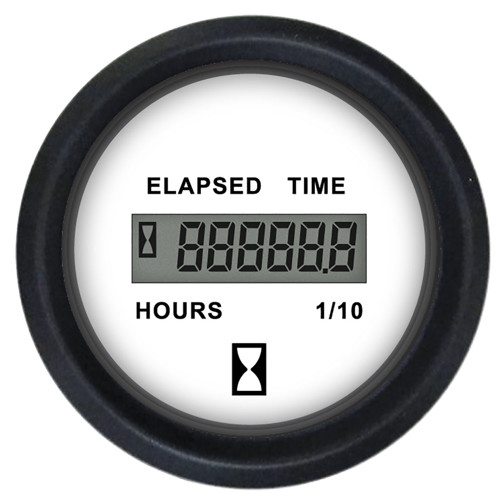 Faria Euro White 2-inch digital hourmeter gauge by Faria Beede Instruments, showing a digital display with mounting details.