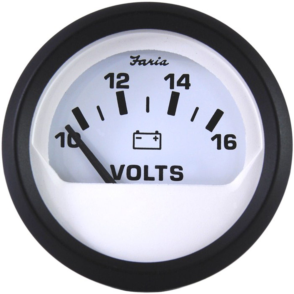Faria Euro White 2-inch voltmeter gauge displaying 10-16 VDC for marine or automotive use, with clear digital readout and white face.
