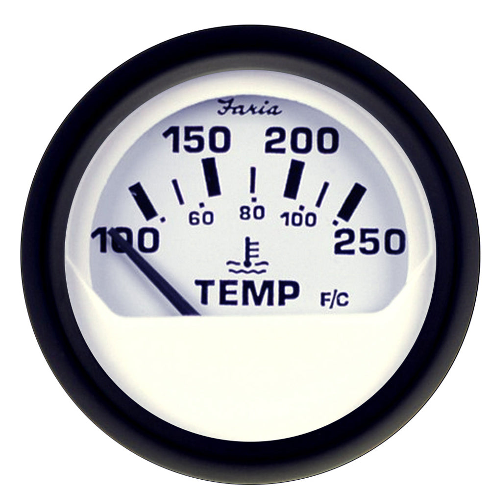Faria Euro White 2-inch water temperature gauge measuring 100-250°F, used in marine or automotive applications.