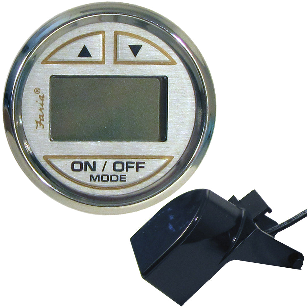 Faria Kronos 2-inch depth sounder gauge with transom mount transducer, used for marine depth measurement and navigation.
