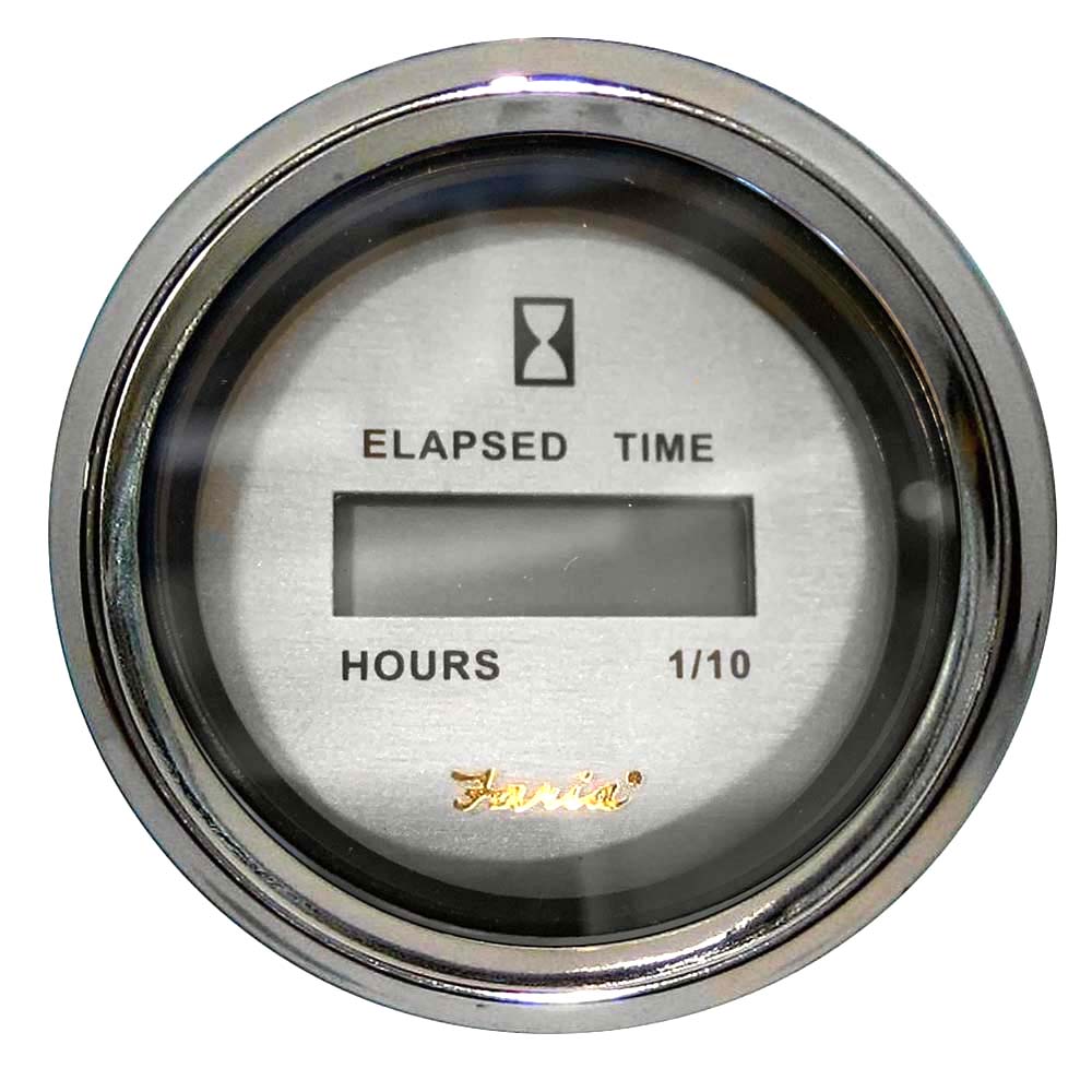 Digital Faria Kronos 2-inch hourmeter gauge for marine or industrial use, displaying hours on a clear digital screen.