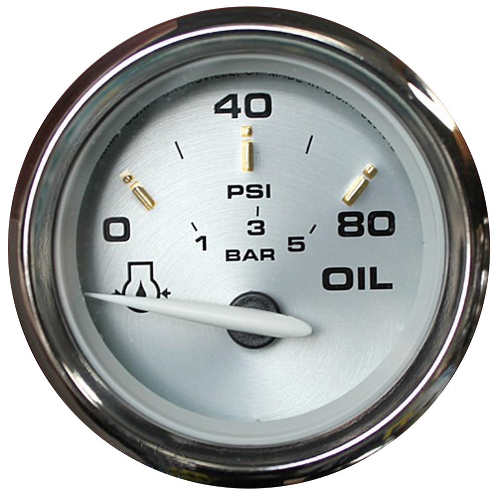 Faria Kronos 2-inch oil pressure gauge displaying 80 PSI, black face with white markings, mounted on a vehicle dashboard.