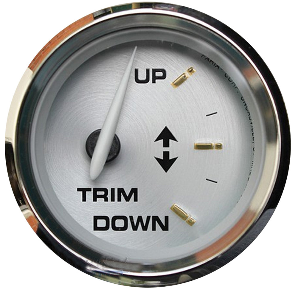 Faria Kronos 2-inch trim gauge for Mercury, Mariner, Mercruiser, Volvo DP, and Yamaha boats, showing measurement dial.