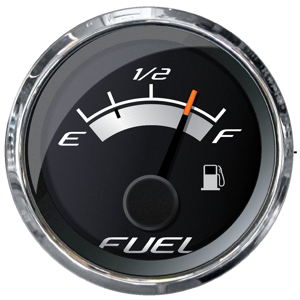 Faria Beede Instruments Platinum 2-inch fuel level gauge showing dial and needle for marine fuel monitoring.