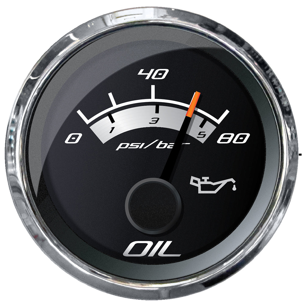 Faria Platinum 2-inch oil pressure gauge showing 80 PSI, black dial with white markings, for vehicle engine monitoring.