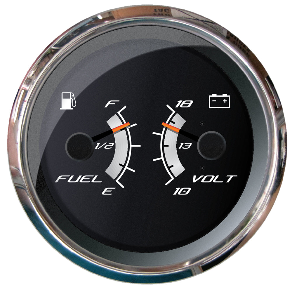 Faria Beede Platinum 4-inch multi-function gauge displaying fuel level and voltmeter readings in a boat dashboard.
