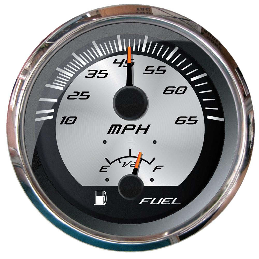 Faria Beede Platinum 4-inch multi-function gauge showing speedometer and fuel level for marine or automotive use