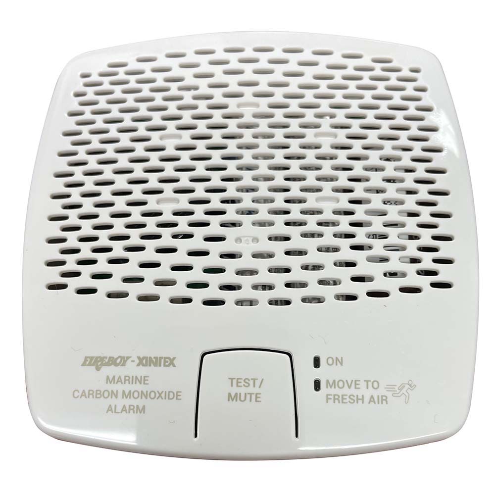 Fireboy-Xintex CO alarm with interconnect, 12/24V DC, white fume detector for carbon monoxide safety in vehicles or boats.