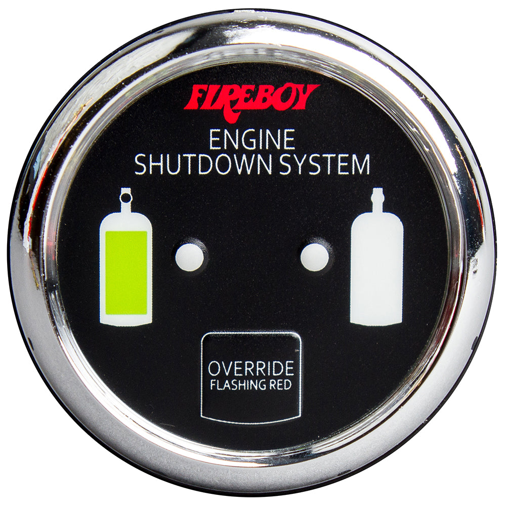 Fireboy-Xintex Deluxe Helm Display with gauge, LED color graphics, chrome bezel, for engine shutdown system, designed for marine safety.