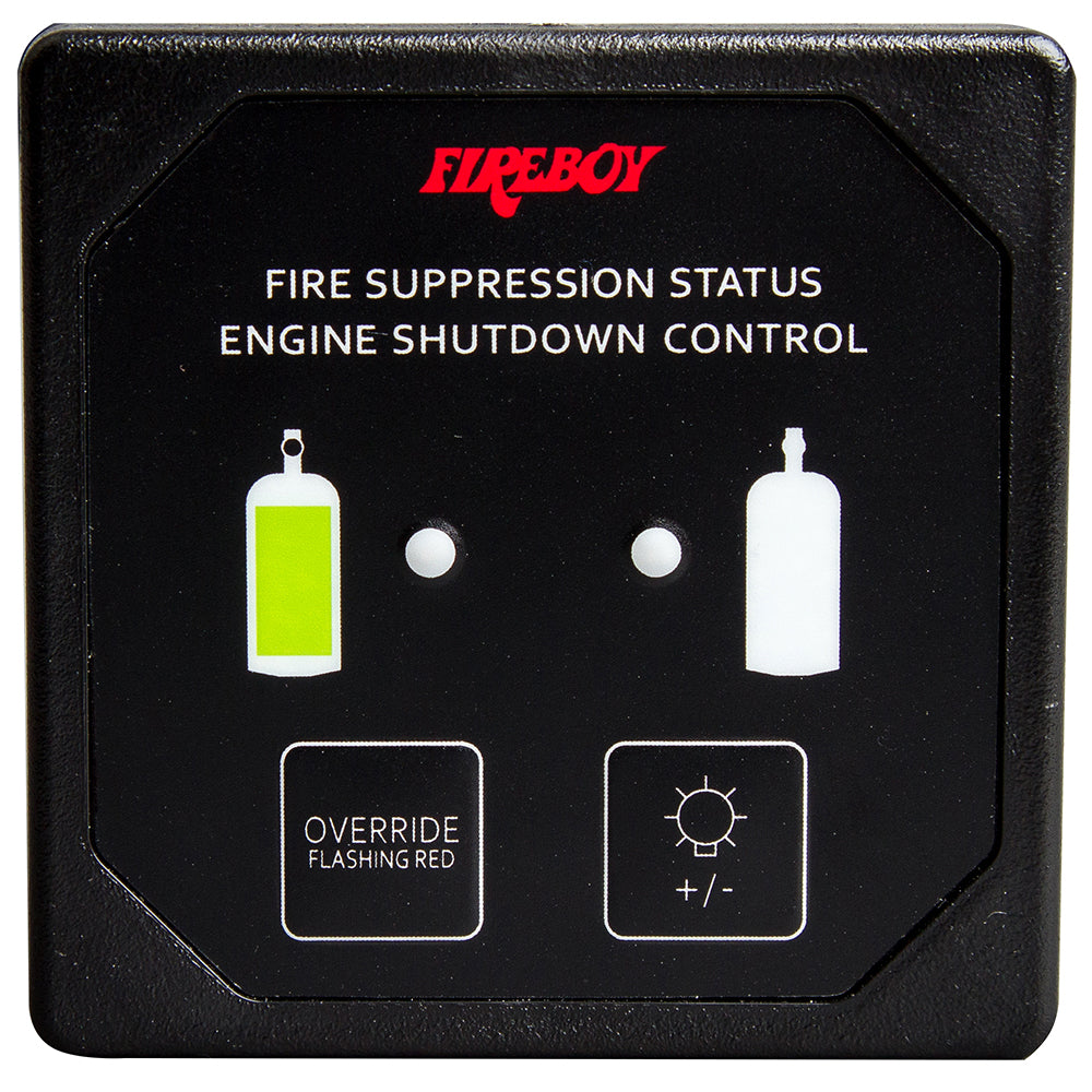 Fireboy-Xintex Deluxe Helm Display with membrane switch, remote horn, LEDs, and black bezel for engine shutdown system.