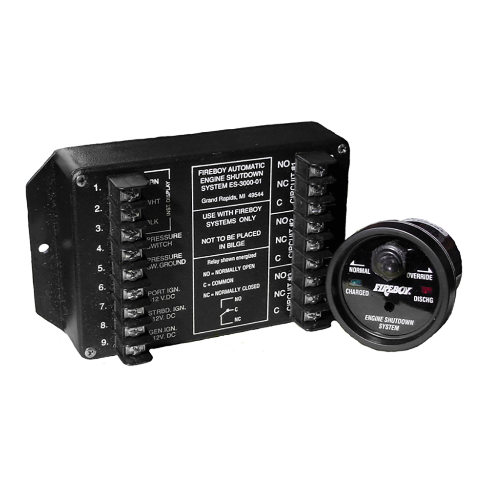 Fireboy-Xintex engine shutdown fuse panel with 5 circuits, 20A relays, round display for fume detection and engine safety.