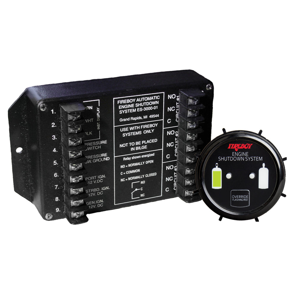 Fireboy-Xintex engine shutdown system with round display, fume detector for marine or industrial safety applications.