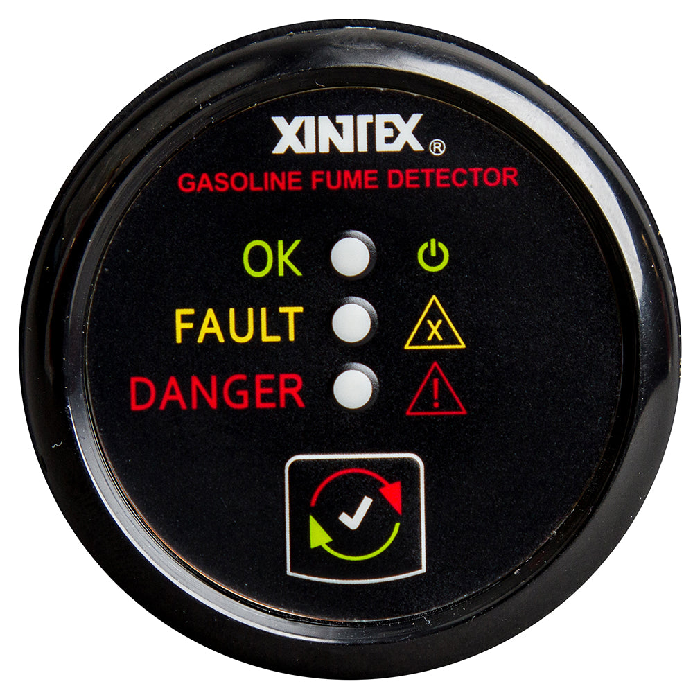 Fireboy-Xintex gasoline fume detector with black bezel, 12/24V, used for detecting gasoline fumes in marine or industrial settings.