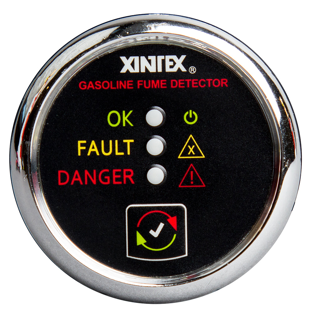 Fireboy-Xintex gasoline fume detector with chrome bezel, 12/24V, mounted on a panel, designed for safety and fuel vapor detection.