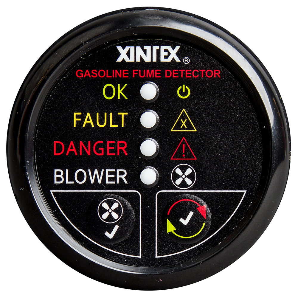 Fireboy-Xintex gasoline fume detector with blower control, black bezel, 12V, marine safety device for gasoline vapor detection.