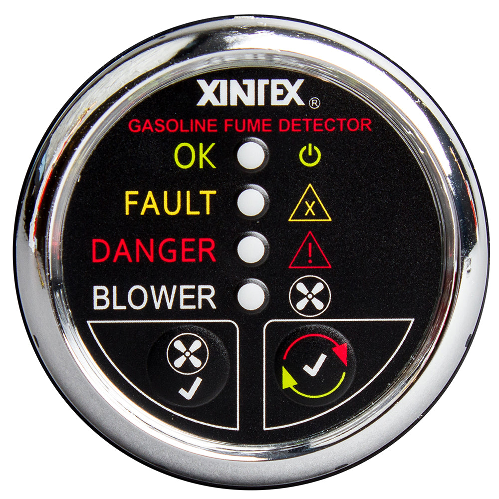 Fireboy-Xintex gasoline fume detector with blower control, chrome bezel, 12V, designed for marine or industrial safety.