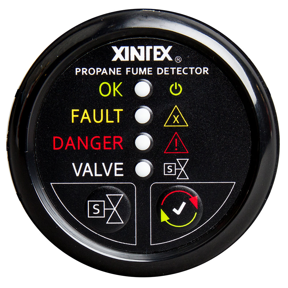 Fireboy-Xintex propane fume detector with black bezel display, plastic sensor, automatic shut-off, no solenoid valve, for safety monitoring.
