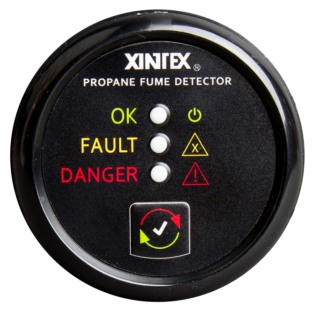 Fireboy-Xintex propane fume detector with plastic sensor, black bezel display, no solenoid valve, used for propane leak detection.