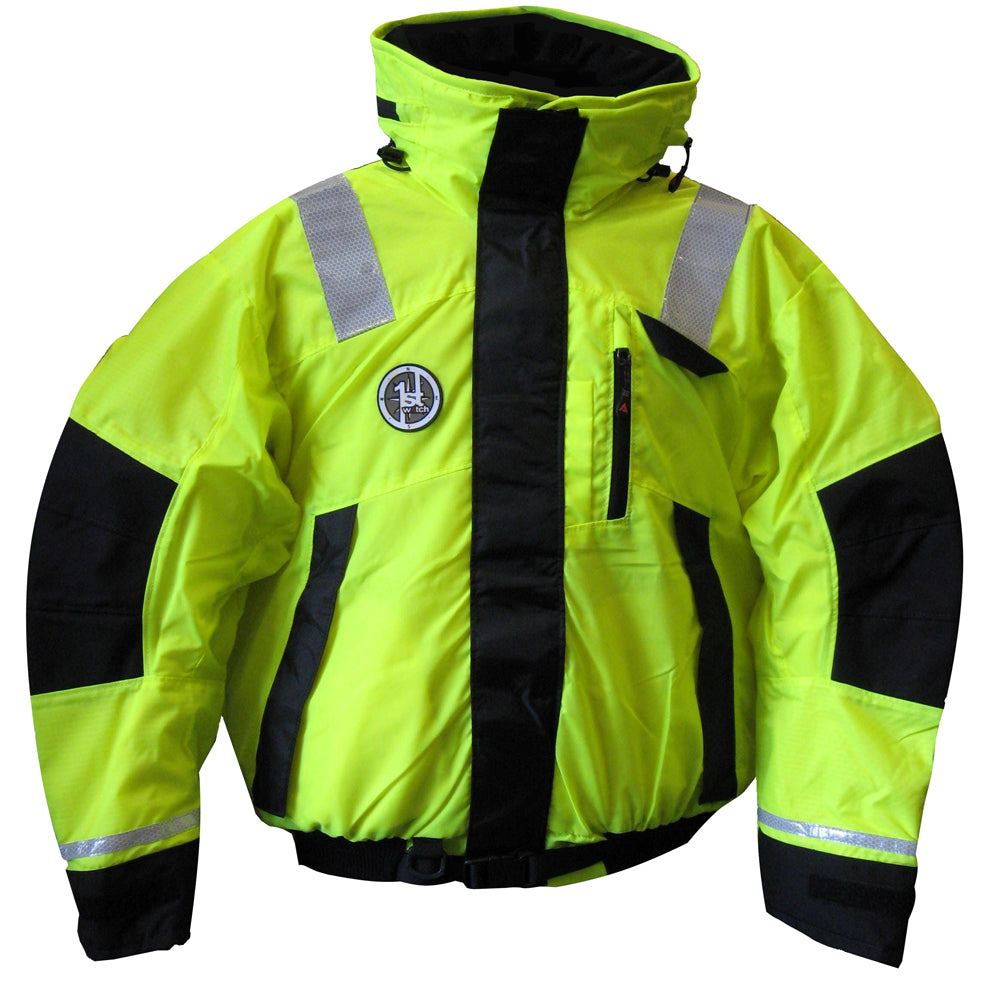First Watch AB-1100 flotation bomber jacket in hi-vis yellow and black, size XL, designed for high visibility and safety.