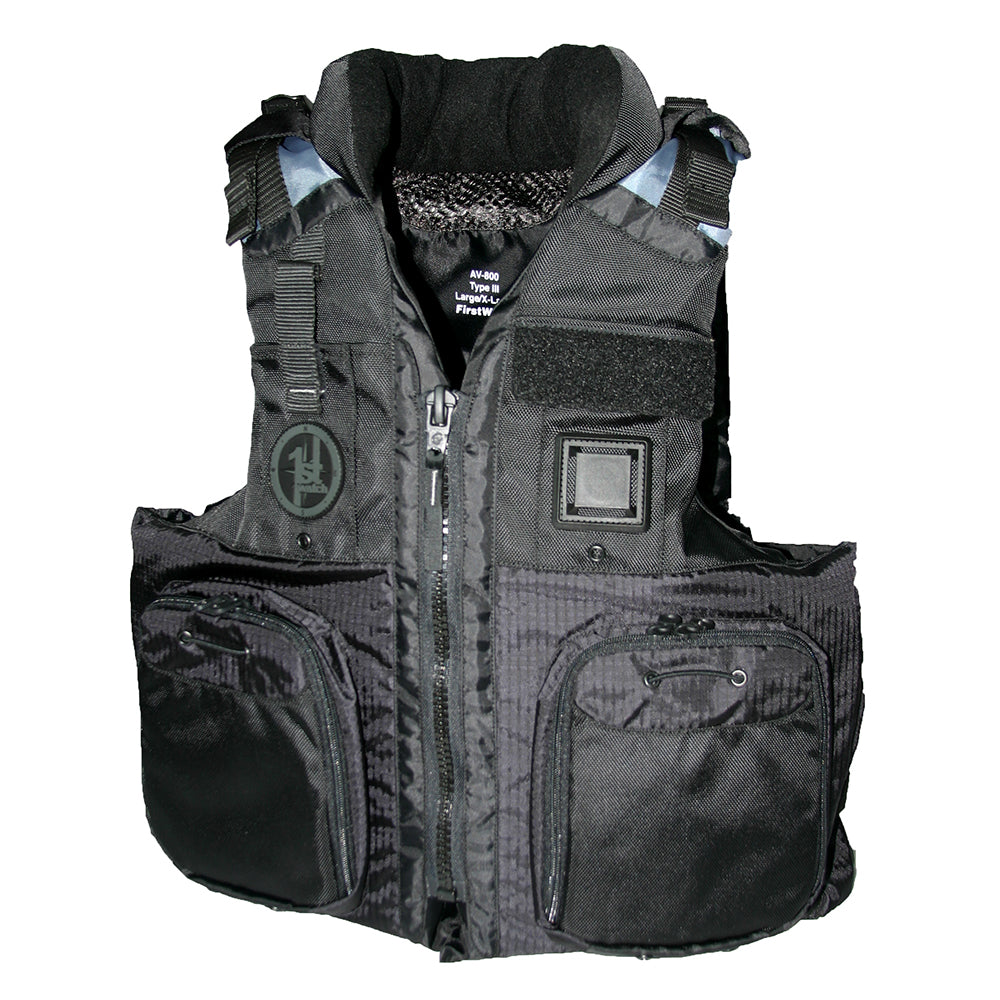 First Watch AV-800 four-pocket flotation vest in black, large to XL, designed for personal flotation and safety on the water.