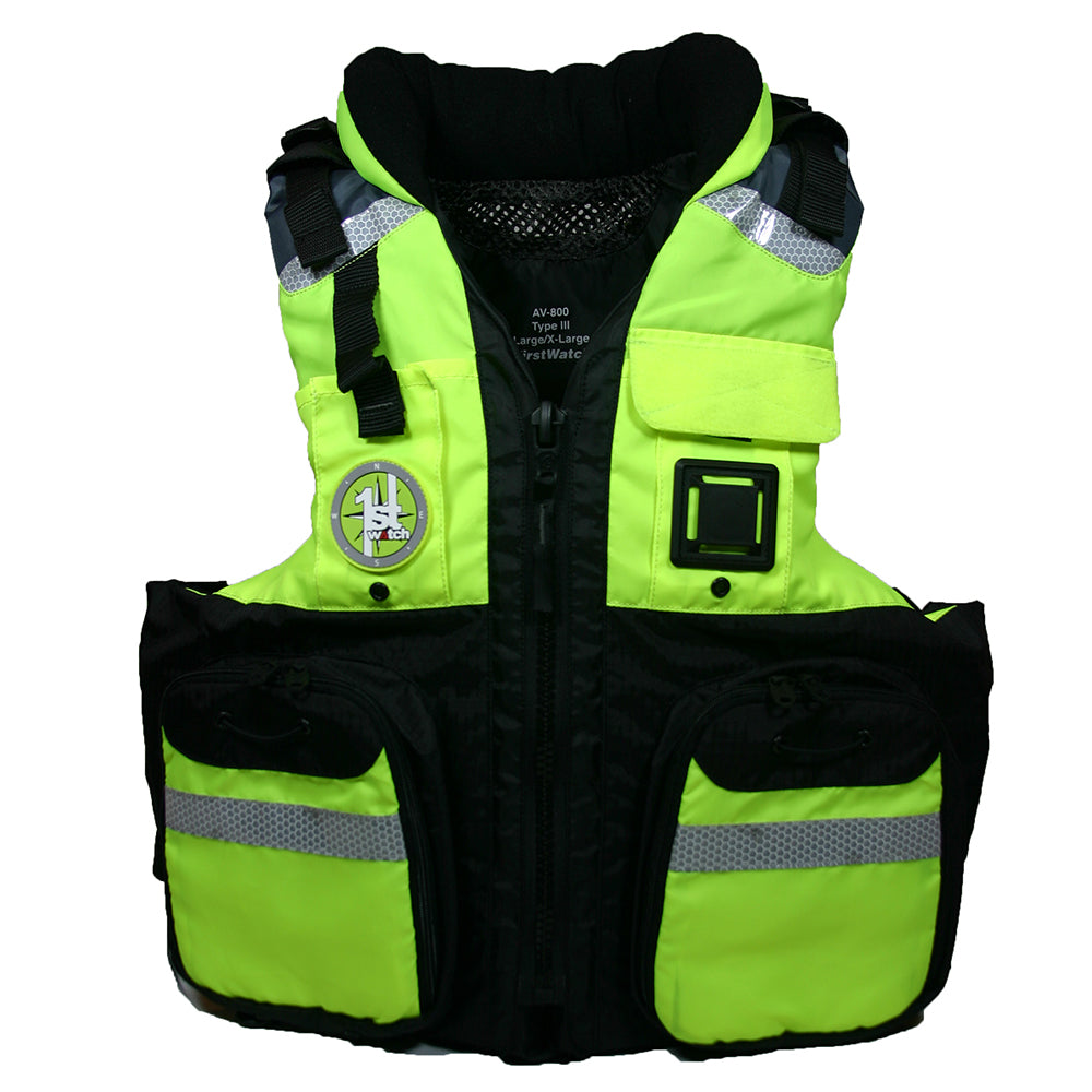 First Watch AV-800 four-pocket flotation vest in hi-vis yellow, XXL to 3XL, personal flotation device for safety and visibility.