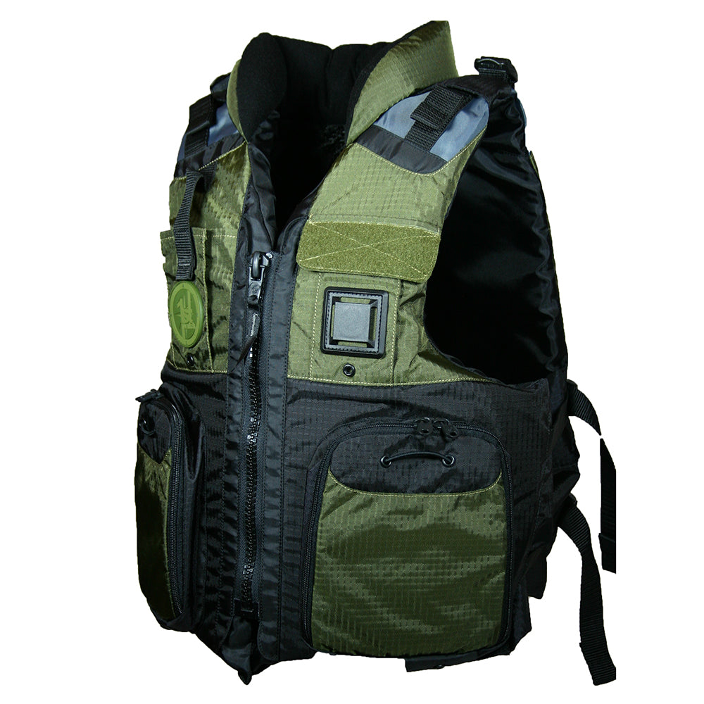 First Watch AV-800 four-pocket flotation vest in OD green, large to XL, designed for personal safety and water activity.