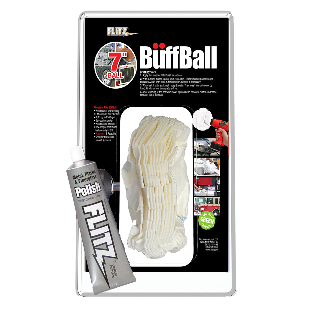 White Flitz Buff Ball, 7-inch extra-large cleaning tool with 1.76oz tube of Flitz polish for polishing and cleaning surfaces.