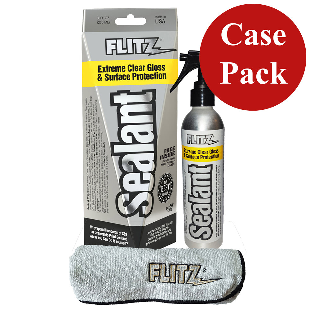 Flitz Ceramic Sealant spray bottle, 236ml, used for cleaning and protecting surfaces, shown in a case of six bottles.