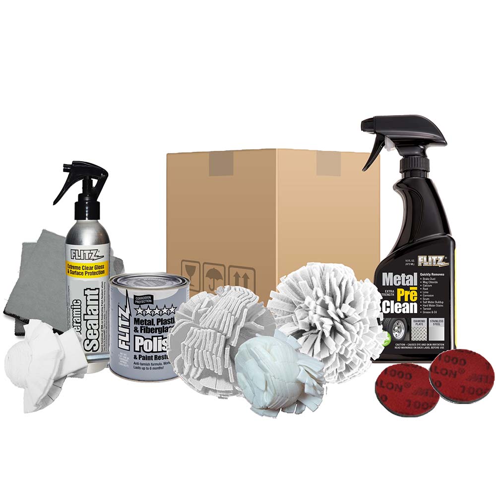 Flitz Detailers Choice cleaning kit in box with cleaning polish, cloths, and accessories for multi-surface detailing and polishing.