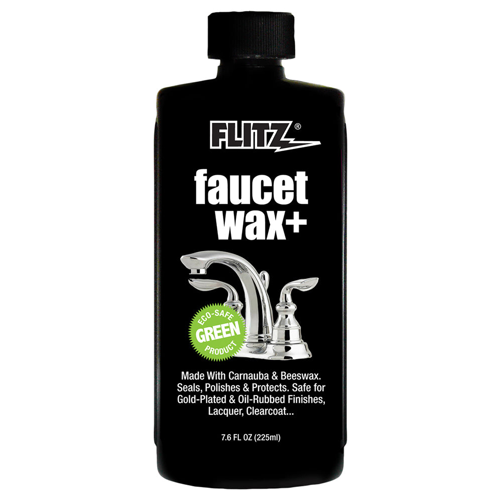 Flitz Faucet Waxx Plus 7.6oz bottle of cleaning wax for faucets and fixtures, designed to protect and enhance metal surfaces.