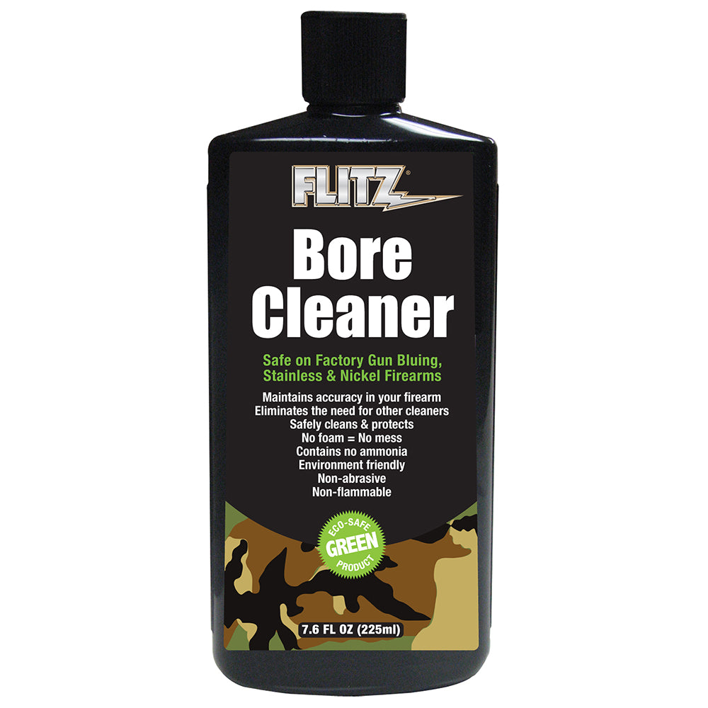 Flitz Gun Bore Cleaner in a 7.6 oz. bottle, designed for cleaning firearm barrels and removing residue.