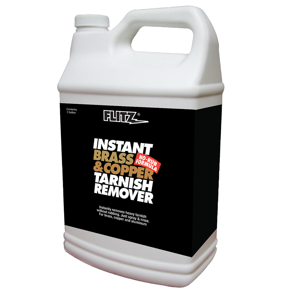 Flitz Instant Brass and Copper Tarnish Remover in a gallon container, cleaning and restoring metal surfaces effectively.