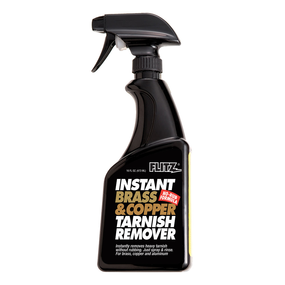 Flitz Instant Brass and Copper Tarnish Remover spray in a 16 oz bottle, used for cleaning and restoring metal surfaces.