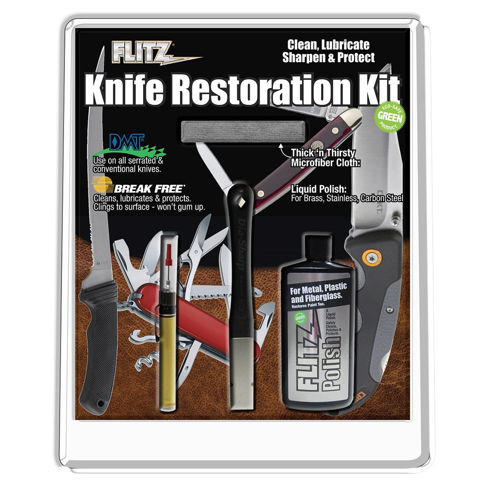 Flitz Knife Restoration Kit for cleaning and restoring dull or tarnished knives with polishing and cleaning tools.