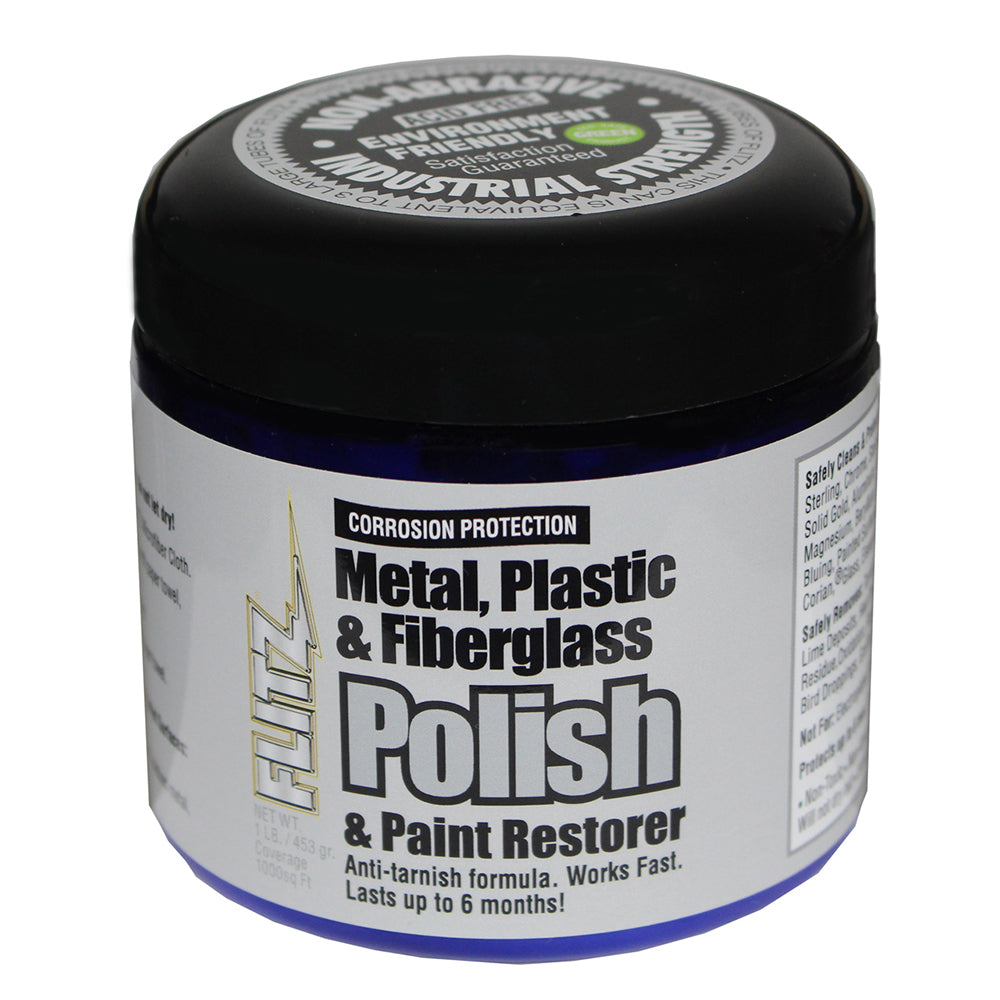 Flitz Metal, Plastic, and Fiberglass Polish Paste in 1lb container, used for cleaning and restoring metal, plastic, and fiberglass surfaces.
