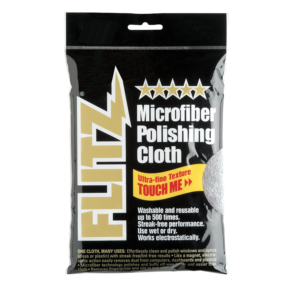 Flitz microfiber polishing cloth, 16x16 inches, for cleaning and polishing surfaces, shown in its single bag packaging.
