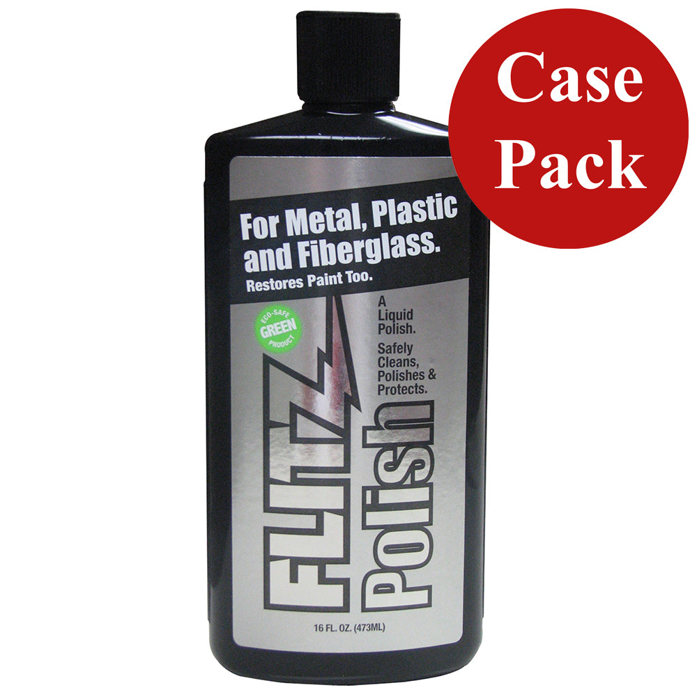 Six 16oz bottles of Flitz Polish cleaning liquid in a case, ideal for polishing and surface cleaning.