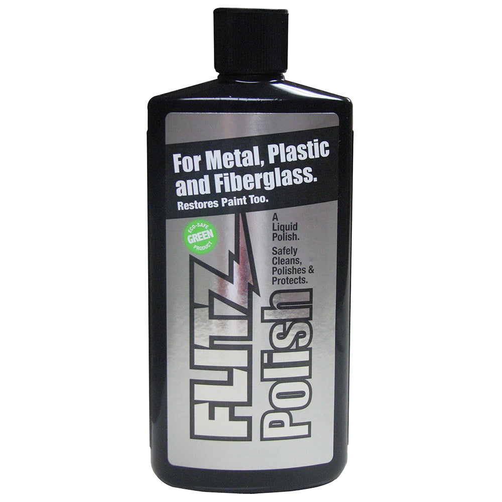 Flitz Liquid Polish in a 7.6 oz. bottle for cleaning and polishing various surfaces, showcasing the product bottle and label.