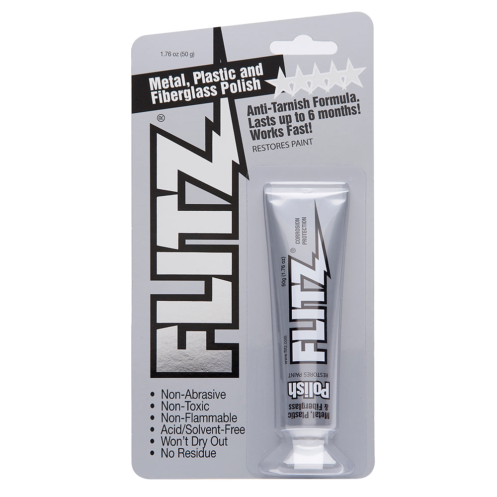 Flitz Polish paste in a 1.76 oz. tube, a cleaning product used for polishing and restoring various surfaces.