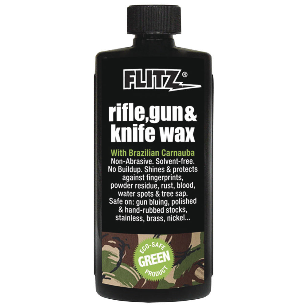 Flitz Rifle, Gun & Knife Wax in a 7.6 oz bottle, cleaning product for firearm and knife maintenance, with the Flitz brand label visible.
