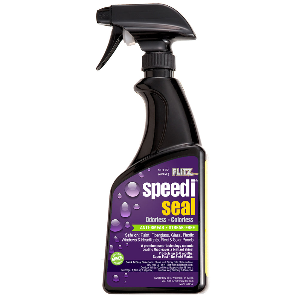 Flitz Speedi Seal premium-grade ceramic coating in a 16oz bottle, used for cleaning and protecting vehicle surfaces.