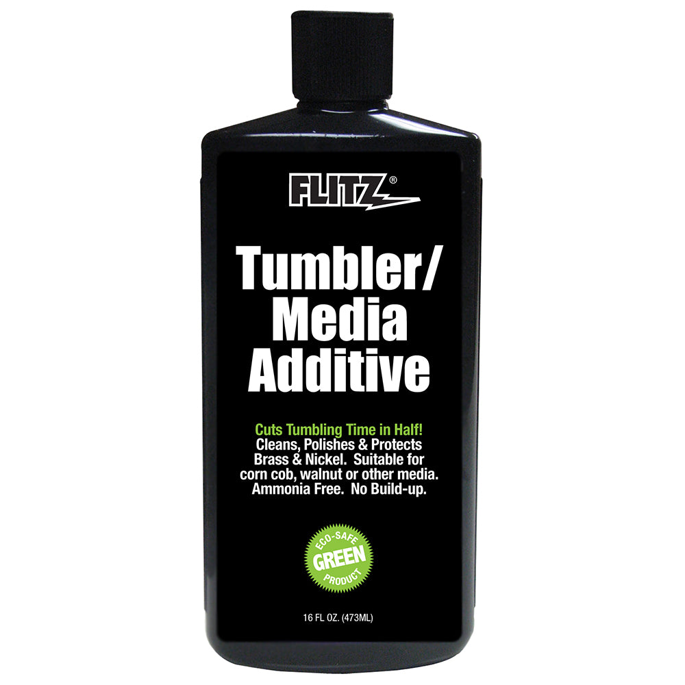 Flitz Tumbler/Media Additive 16 oz bottle for hunting accessories, featuring a clear label and black cap on a white background.