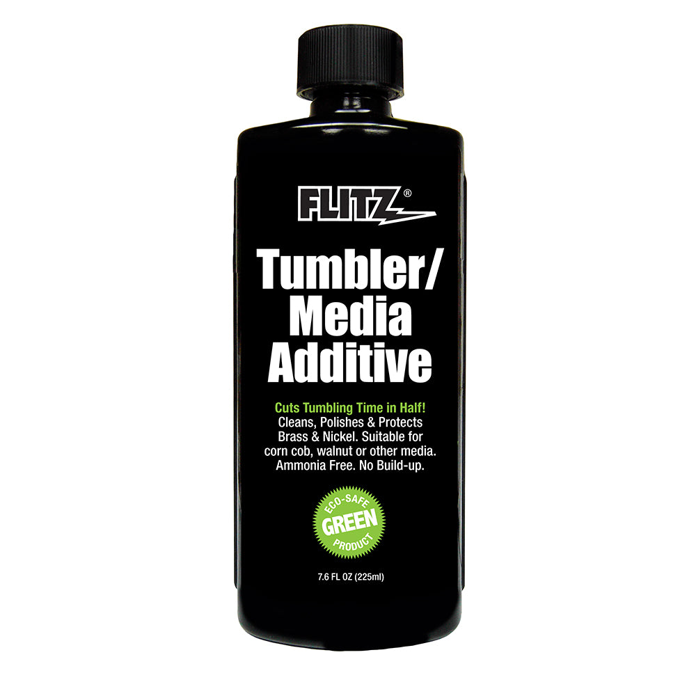 Flitz Tumbler/Media Additive 7.6 oz bottle for hunting accessories, featuring a clear bottle with a black cap and product label.