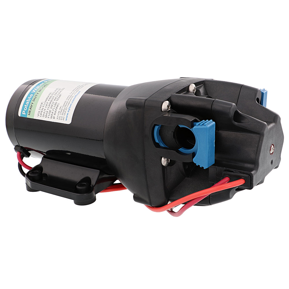Flojet heavy-duty RV water pump with strainer, 24V pressure washdown pump, 4 GPM flow rate, 50 PSI.