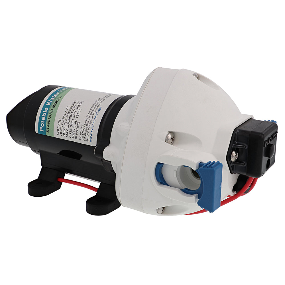 Flojet RV water pump with strainer, 12V washdown pressure pump, 3 GPM flow rate, 50 PSI for RV water systems.