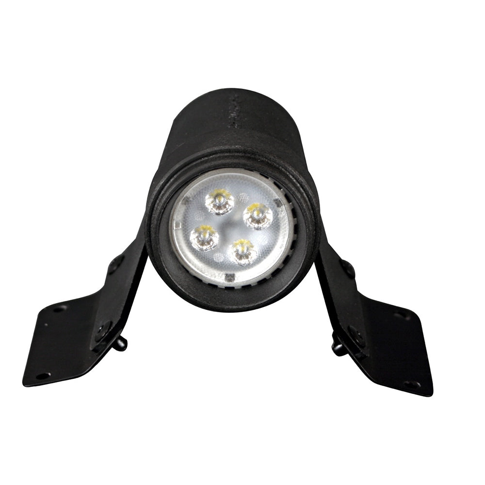 Forespar ML-2 LED flood and spreader deck light for boats, mounted on a marine vessel, highlighting its compact design and bright illumination.