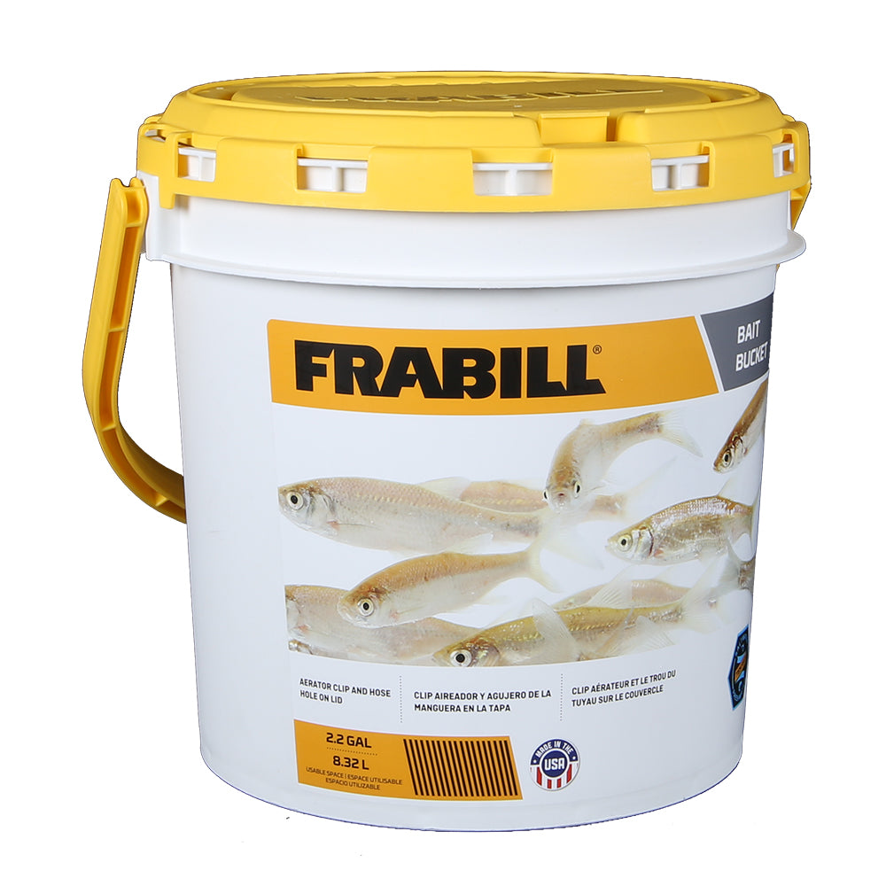 Frabill bait bucket for bait management, featuring a durable plastic container with lid for fishing and bait storage.