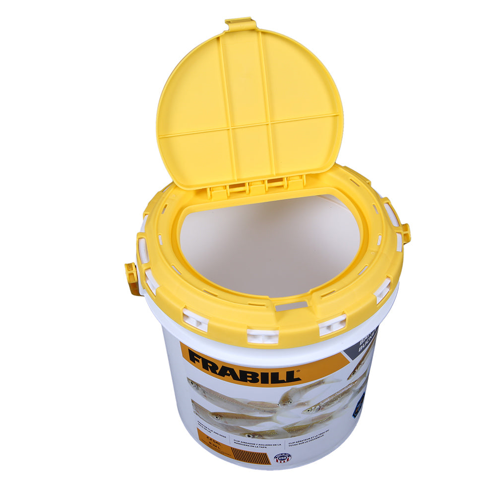 Frabill bait management bucket with secure lid and handle for easy bait storage and transport.