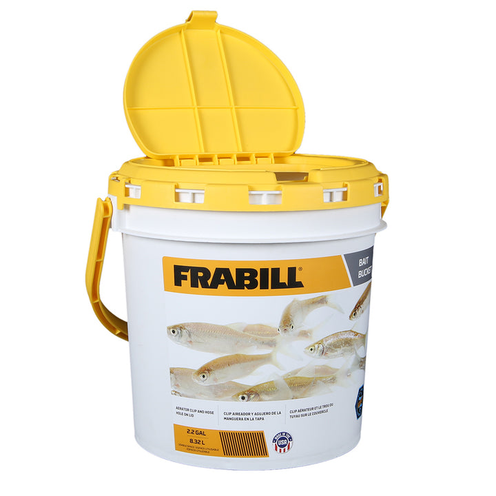 Frabill bait management bait bucket with handle and lid, designed for fishing and bait storage.